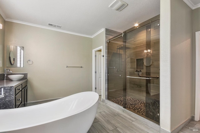 bathroom with vanity, crown molding, and plus walk in shower