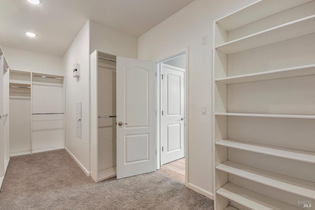 walk in closet with light colored carpet