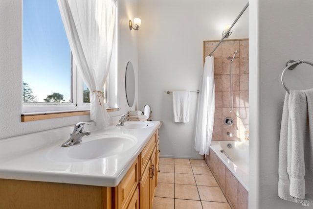 bathroom with tile patterned floors, vanity, and shower / bath combination with curtain