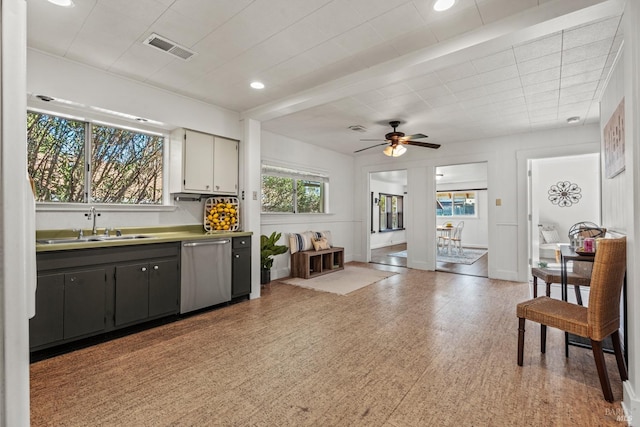 kitchen featuring visible vents, dishwasher, ceiling fan, a sink, and recessed lighting