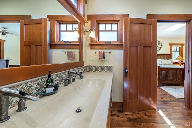 bathroom featuring plenty of natural light, vanity, and wood-type flooring