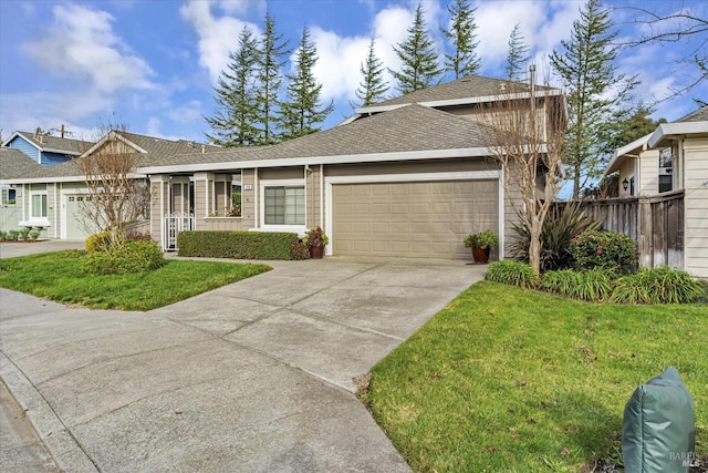 single story home featuring roof with shingles, a garage, fence, a front lawn, and concrete driveway