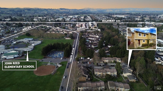 view of aerial view at dusk