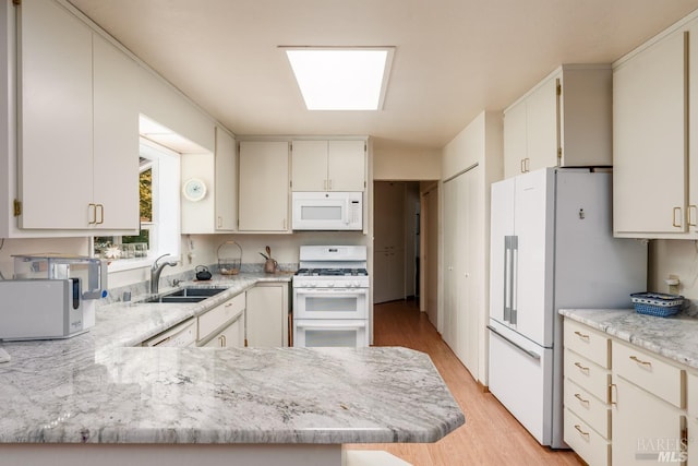 kitchen featuring white appliances, sink, light hardwood / wood-style flooring, white cabinetry, and kitchen peninsula