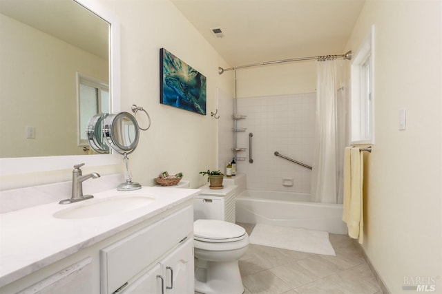 full bathroom with toilet, vanity, shower / tub combo with curtain, and tile patterned flooring