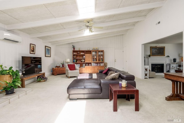 living room with carpet, ceiling fan, wooden walls, an AC wall unit, and vaulted ceiling with beams