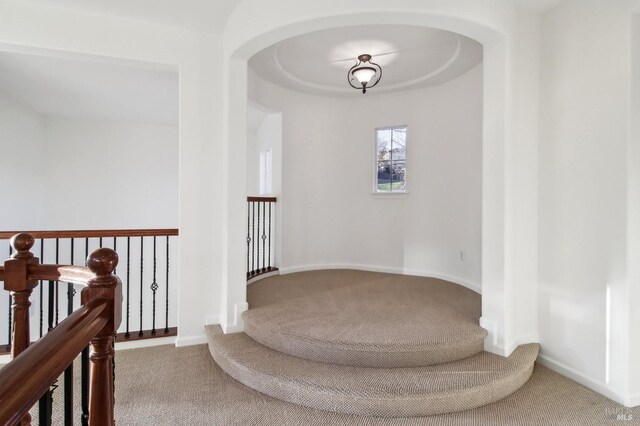 spacious closet featuring light colored carpet, arched walkways, and visible vents