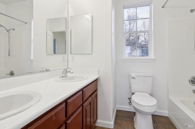 full bathroom with tile patterned flooring, vanity, toilet, and shower / bathtub combination