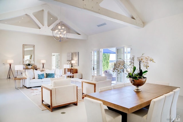 living room featuring high vaulted ceiling, beamed ceiling, visible vents, and an inviting chandelier