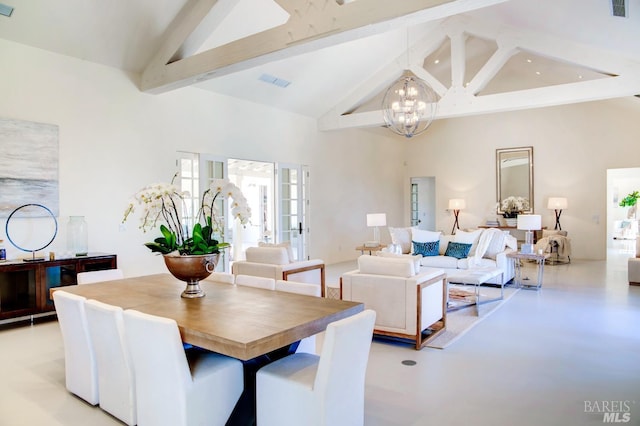 dining room featuring visible vents, beam ceiling, high vaulted ceiling, and a notable chandelier