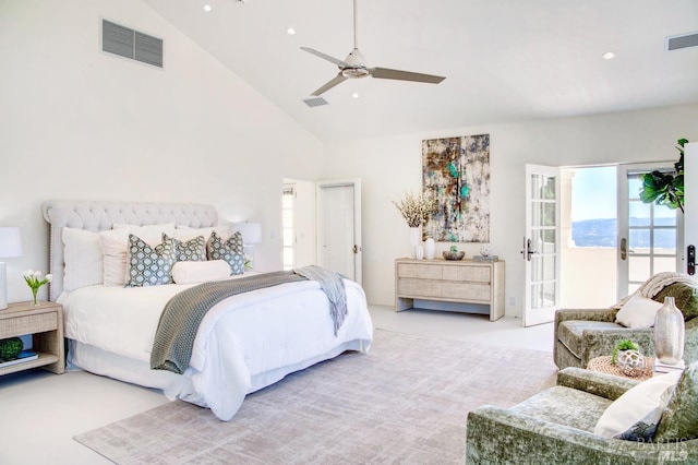 bedroom with light carpet, access to exterior, visible vents, and recessed lighting