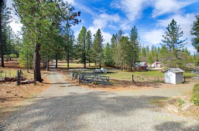 view of street featuring a rural view and gravel driveway