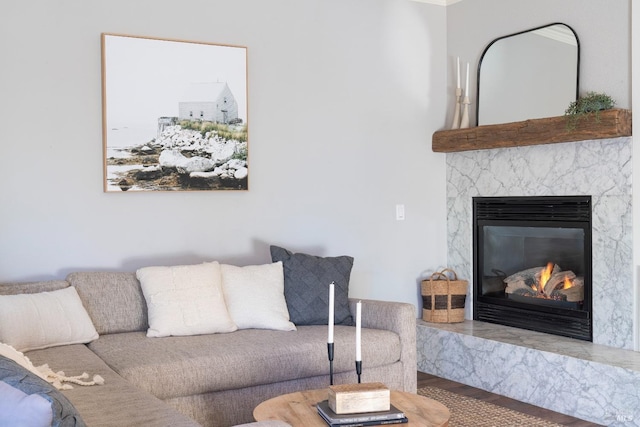 living room featuring a high end fireplace