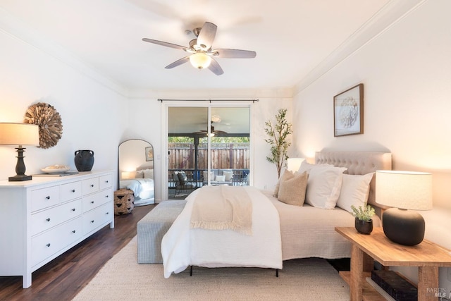 bedroom with access to outside, ornamental molding, dark hardwood / wood-style floors, and ceiling fan