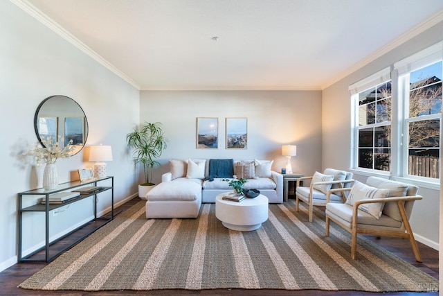 living room featuring dark hardwood / wood-style flooring and crown molding