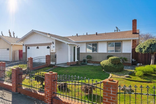 ranch-style house with a front lawn and a garage