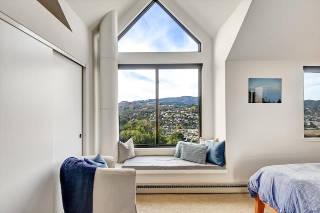 bedroom featuring vaulted ceiling, a closet, a mountain view, and a baseboard radiator