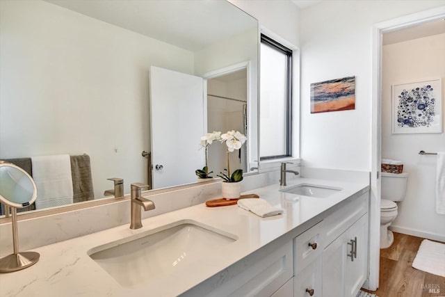 bathroom with toilet, wood-type flooring, and vanity