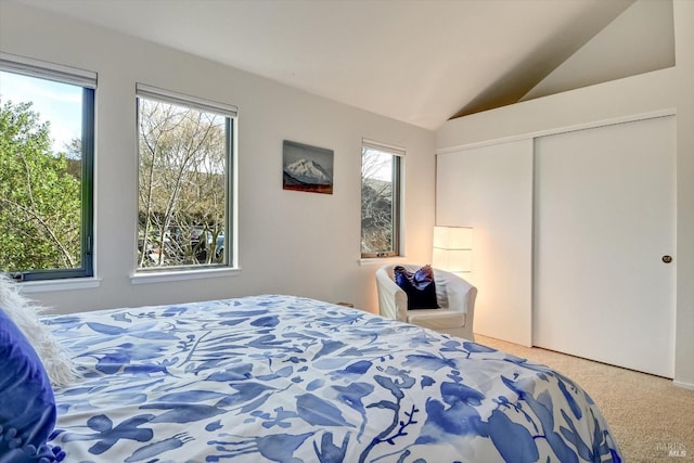 bedroom featuring a closet, vaulted ceiling, and carpet flooring