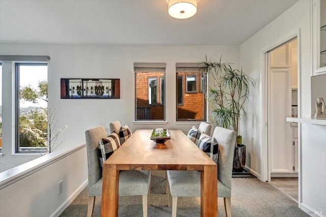 dining space with light colored carpet