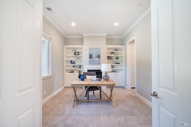 home office featuring crown molding and light carpet