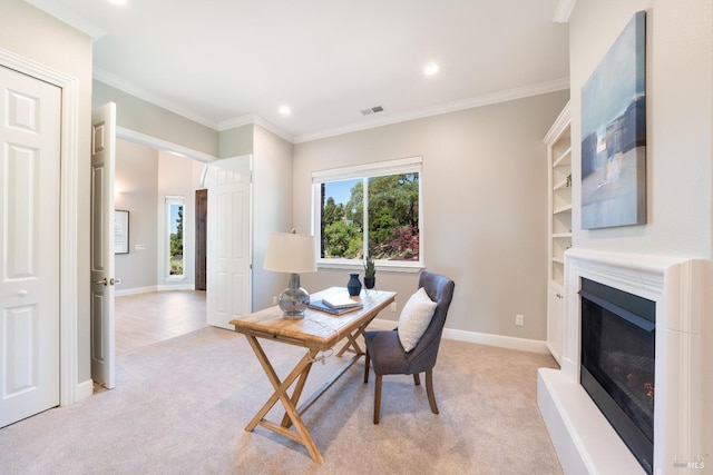 carpeted office space with ornamental molding