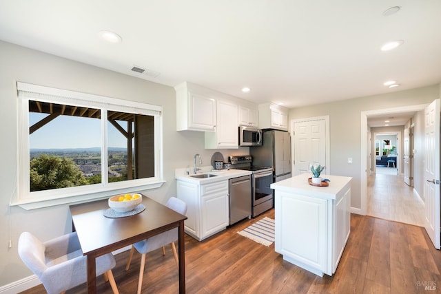 kitchen with stainless steel appliances, sink, white cabinets, a center island, and dark hardwood / wood-style floors