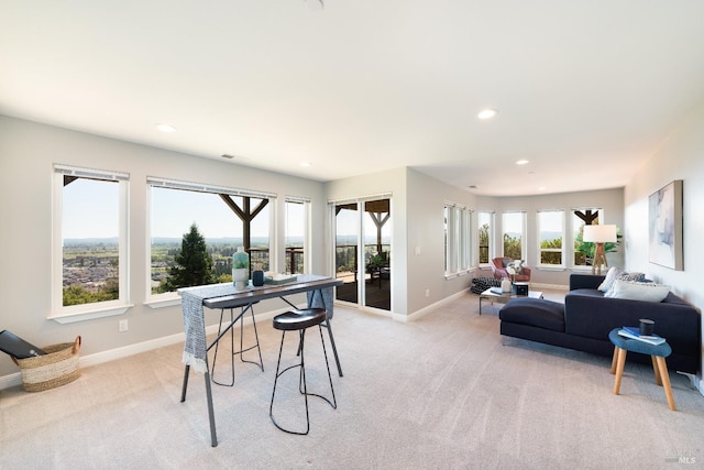 dining space with light colored carpet