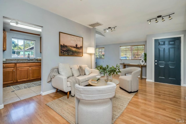 living room with light wood-type flooring, rail lighting, and sink