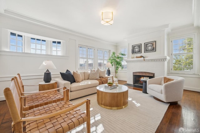 living room with crown molding and dark hardwood / wood-style floors