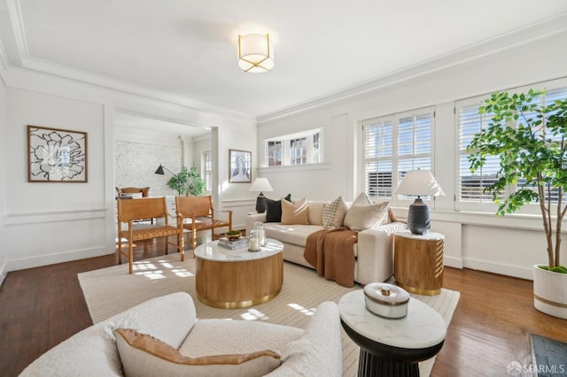 living room featuring ornamental molding and wood-type flooring