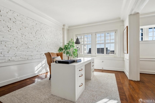 home office with dark wood-type flooring and ornamental molding