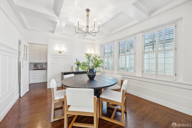 dining room with dark wood-type flooring, a chandelier, beamed ceiling, and coffered ceiling