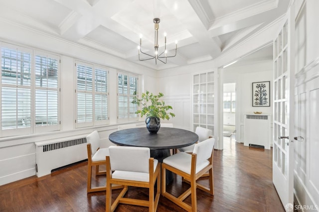 dining space with coffered ceiling, radiator heating unit, and an inviting chandelier