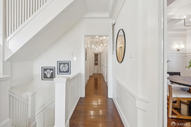 corridor with crown molding and dark hardwood / wood-style flooring