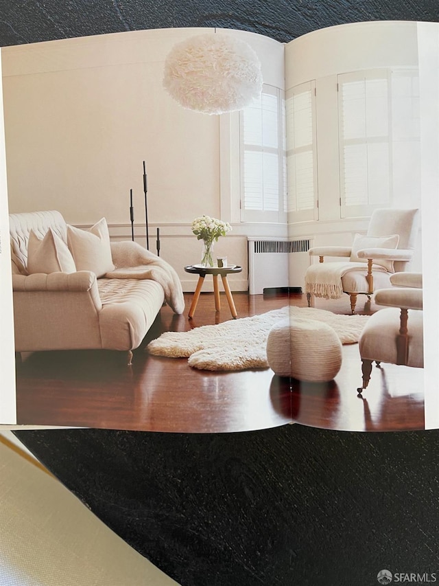 living room featuring hardwood / wood-style flooring and radiator heating unit