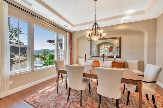 dining space with a mountain view, hardwood / wood-style floors, a healthy amount of sunlight, a raised ceiling, and a chandelier