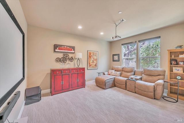 living room featuring light carpet