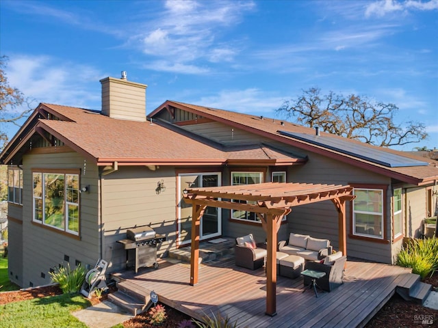 back of property featuring outdoor lounge area, a deck, and a pergola