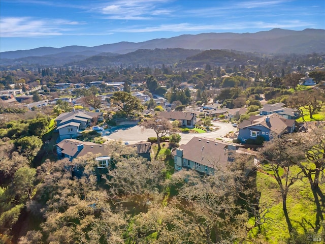 drone / aerial view featuring a mountain view