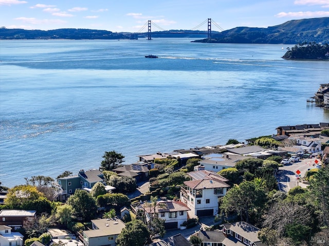 birds eye view of property featuring a water and mountain view