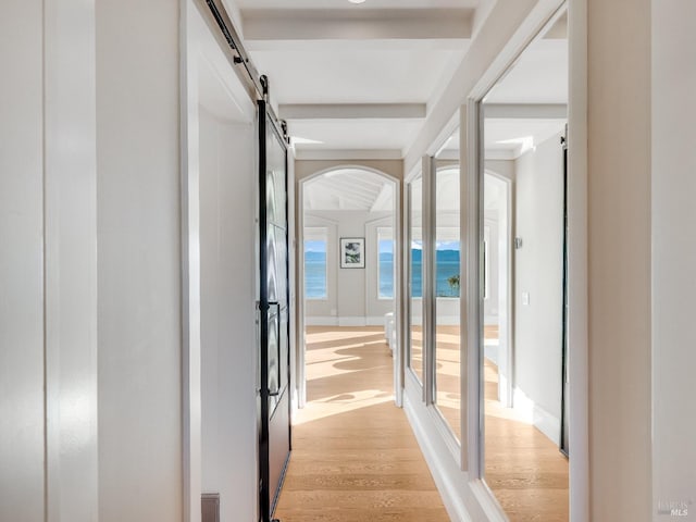 corridor with a barn door, light hardwood / wood-style flooring, and a water view