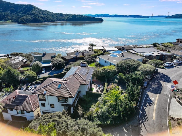 aerial view with a water and mountain view