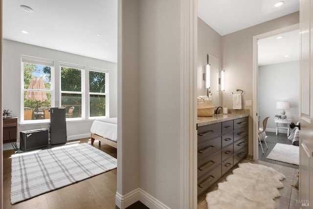 bathroom featuring hardwood / wood-style flooring and vanity