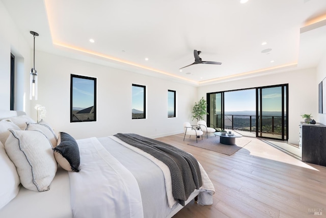bedroom featuring access to exterior, a raised ceiling, and ceiling fan