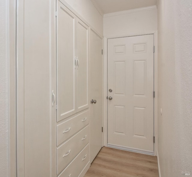 doorway to outside with light wood-type flooring and crown molding