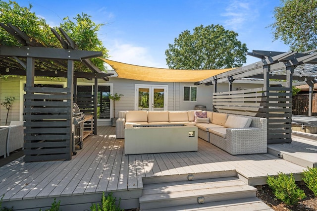 deck with an outdoor living space and a pergola