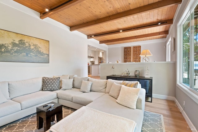 living area with light wood-style flooring, beamed ceiling, wood ceiling, and baseboards