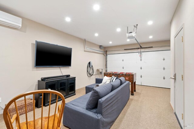 living room with a garage, recessed lighting, a wall mounted AC, and light colored carpet