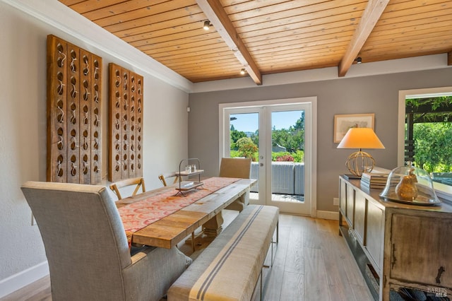 dining room with french doors, beamed ceiling, light wood-type flooring, and wood ceiling